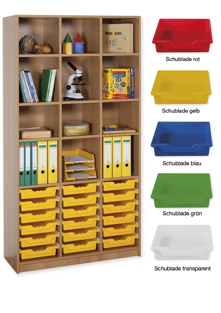 Material-Hochschrank-Regal L, Basistiefe, 12 Fachböden, 18 Schubladen L