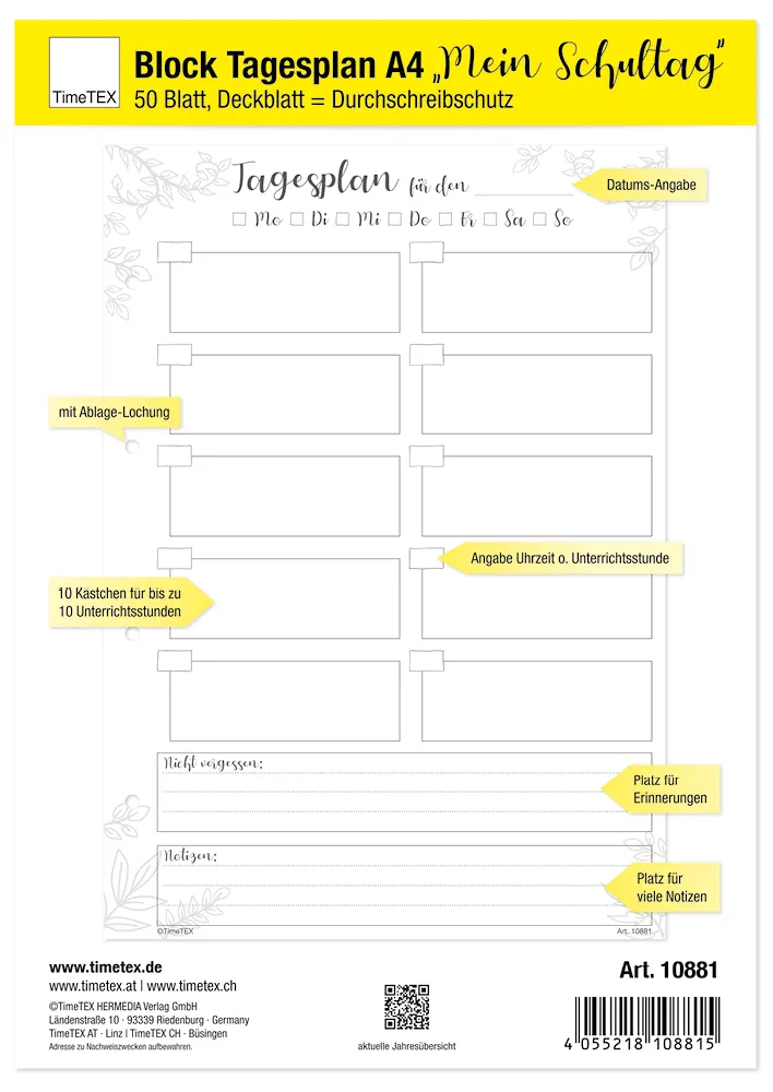 Block Tagesplan A4 "Mein Schultag", 50 Blatt