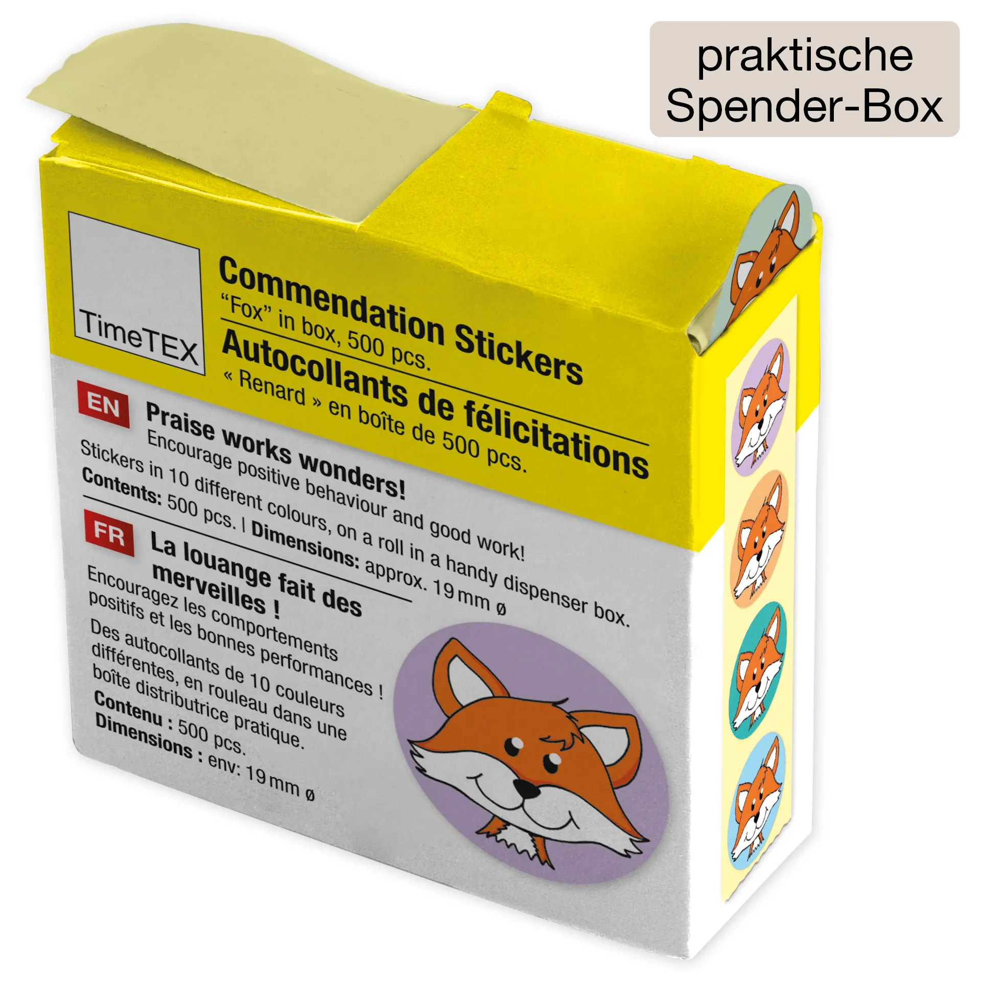 Naklejki okolicznościowe „Lis” w pudełku z dozownikiem, 500 szt.