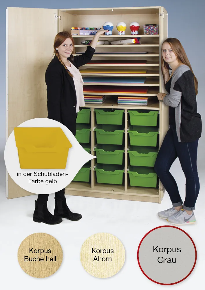 Material-Hochschrank L, Sondertiefe, 8 Fachböden, 12 Schubladen XL