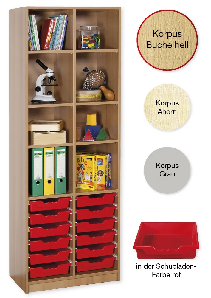 Material-Hochschrank-Regal S, Basistiefe, 8 Fachböden, 12 Schubladen L