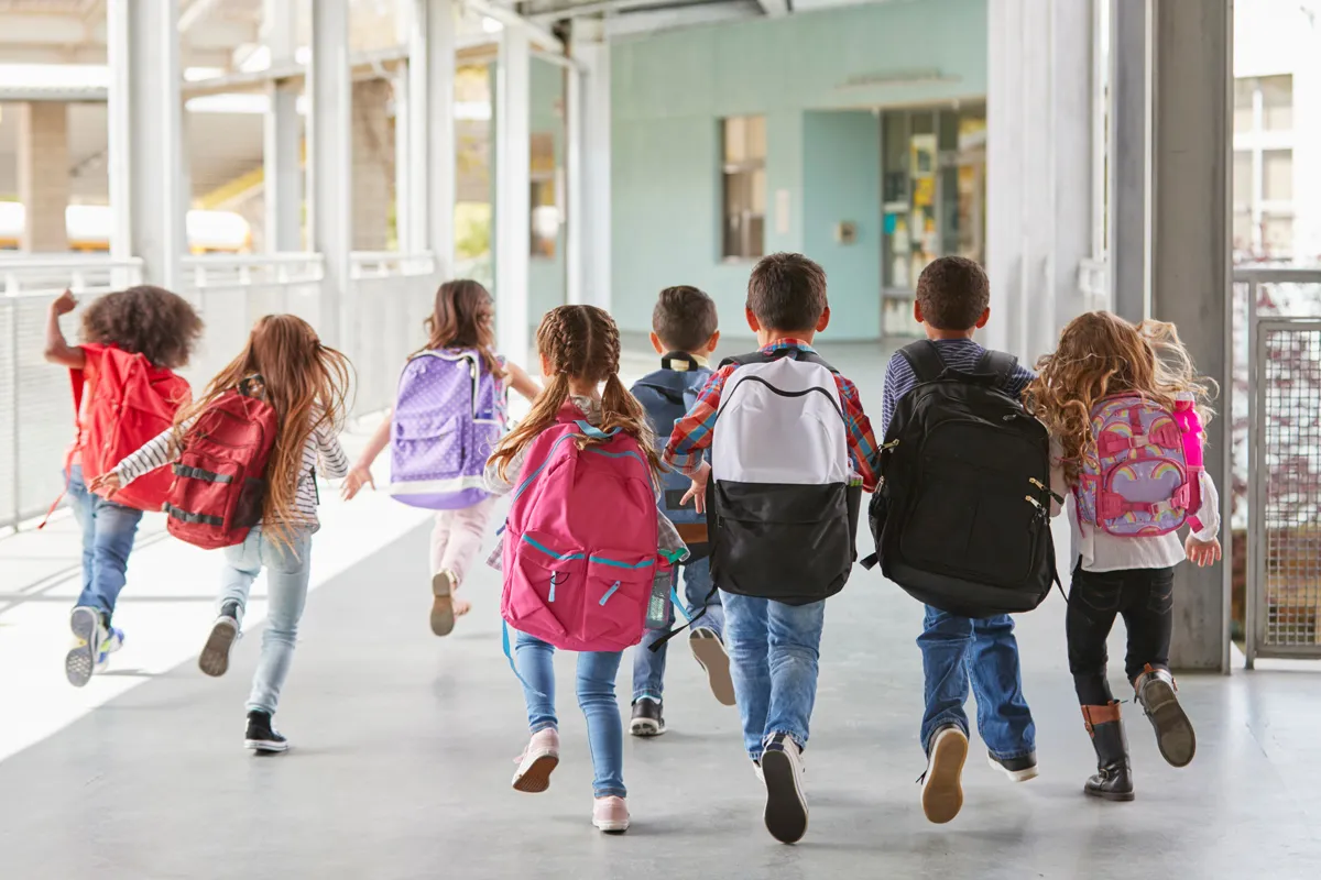 Gruppe von Schulkindern mit bunten Rucksäcken wird von hinten fotografiert, wie sie gemeinsam durch einen sonnendurchfluteten Schulflur rennen