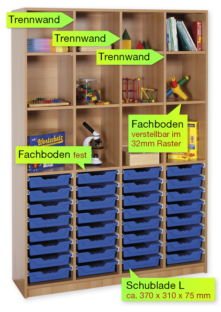Material-Hochschrank-Regal XL, Basistiefe, 12 Fachböden, 32 Schubladen L