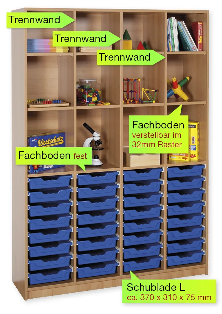 Material-Hochschrank-Regal XL, Basistiefe, 12 Fachböden, 32 Schubladen L