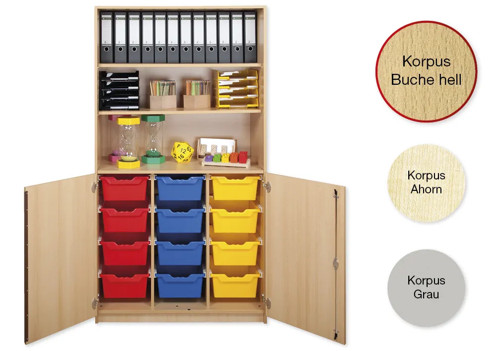Material-Kombi-Hochschrank-Regal L, Plustiefe, 3 Fachböden, 12 Schubladen XL