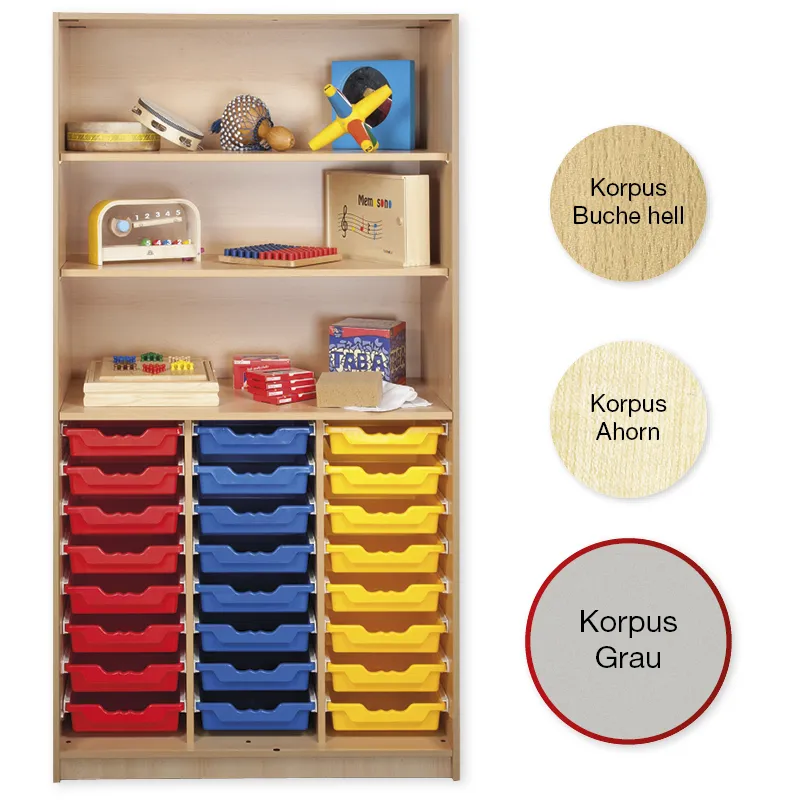 Material-Hochschrank-Regal L, Plustiefe, 3 Fachböden, 24 Schubladen L