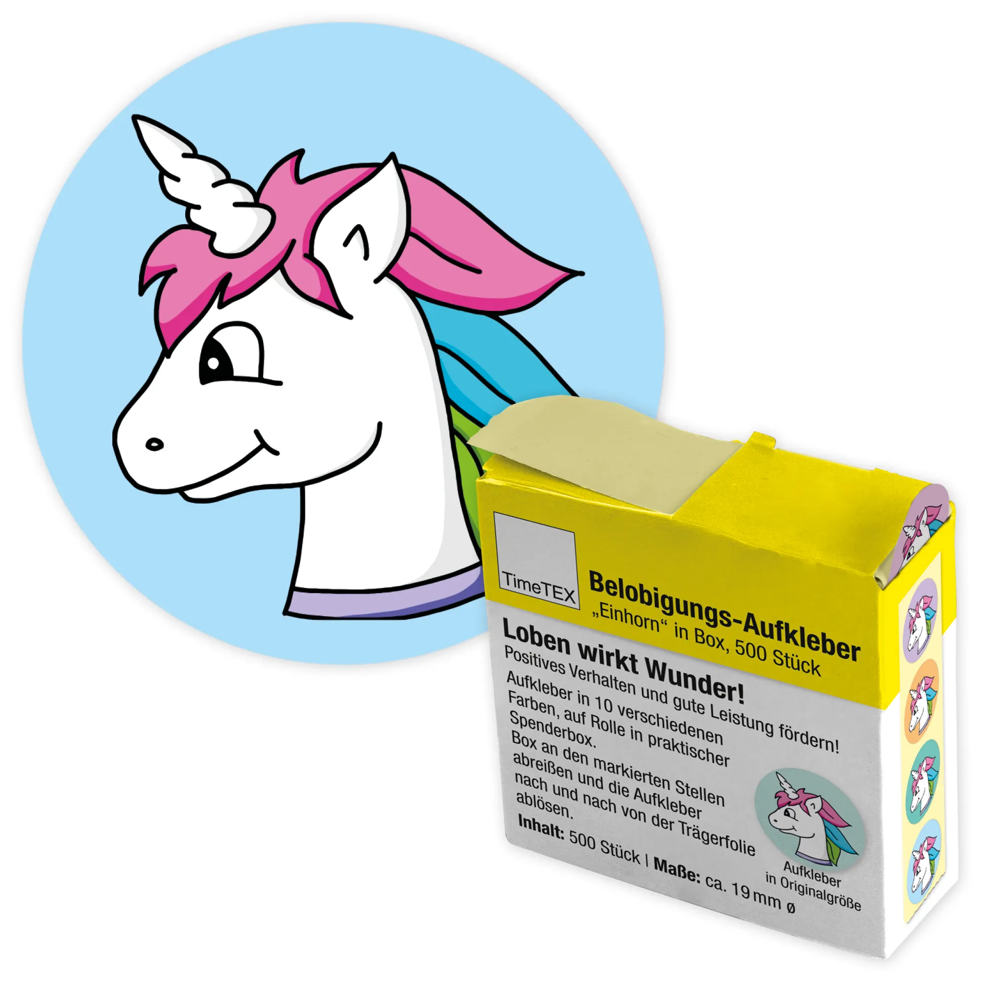Belobigungs-Aufkleber "Einhorn" in Spender-Box, 500 Stück