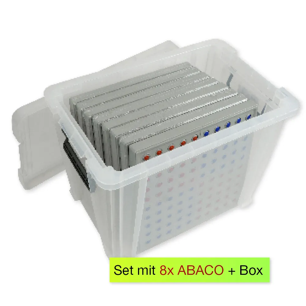 Klassensatz ABACO tricolor für 100-er Zahlenraum, rot-blau-grau, 8-tlg., in Box