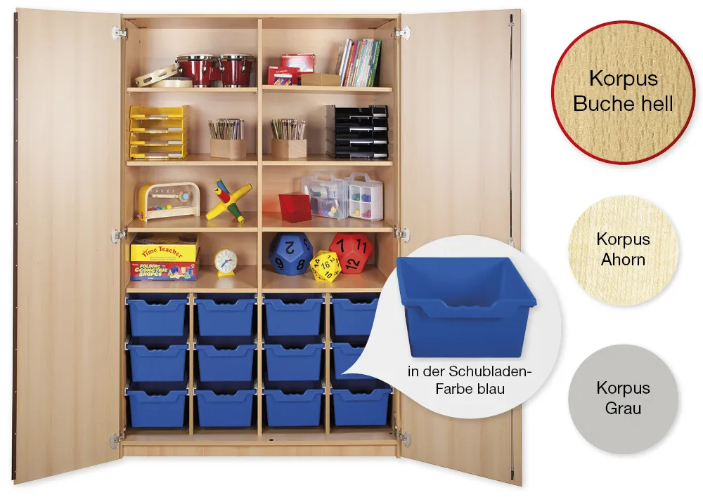 Material-Hochschrank XXL, Plustiefe, 8 Fachböden, 12 Schubladen XL