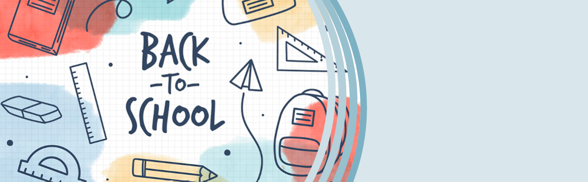 Farbenfrohes Grafikdesgin mit der Aufschrift "Back to School" und handgezeichneten Schulutensilien wie Buch, Rucksack, Lineal, Bleistift und Federmäppchen