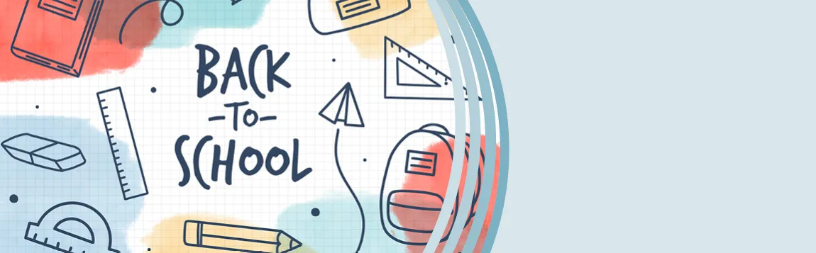 Farbenfrohes Grafikdesgin mit der Aufschrift "Back to School" und handgezeichneten Schulutensilien wie Buch, Rucksack, Lineal, Bleistift und Federmäppchen