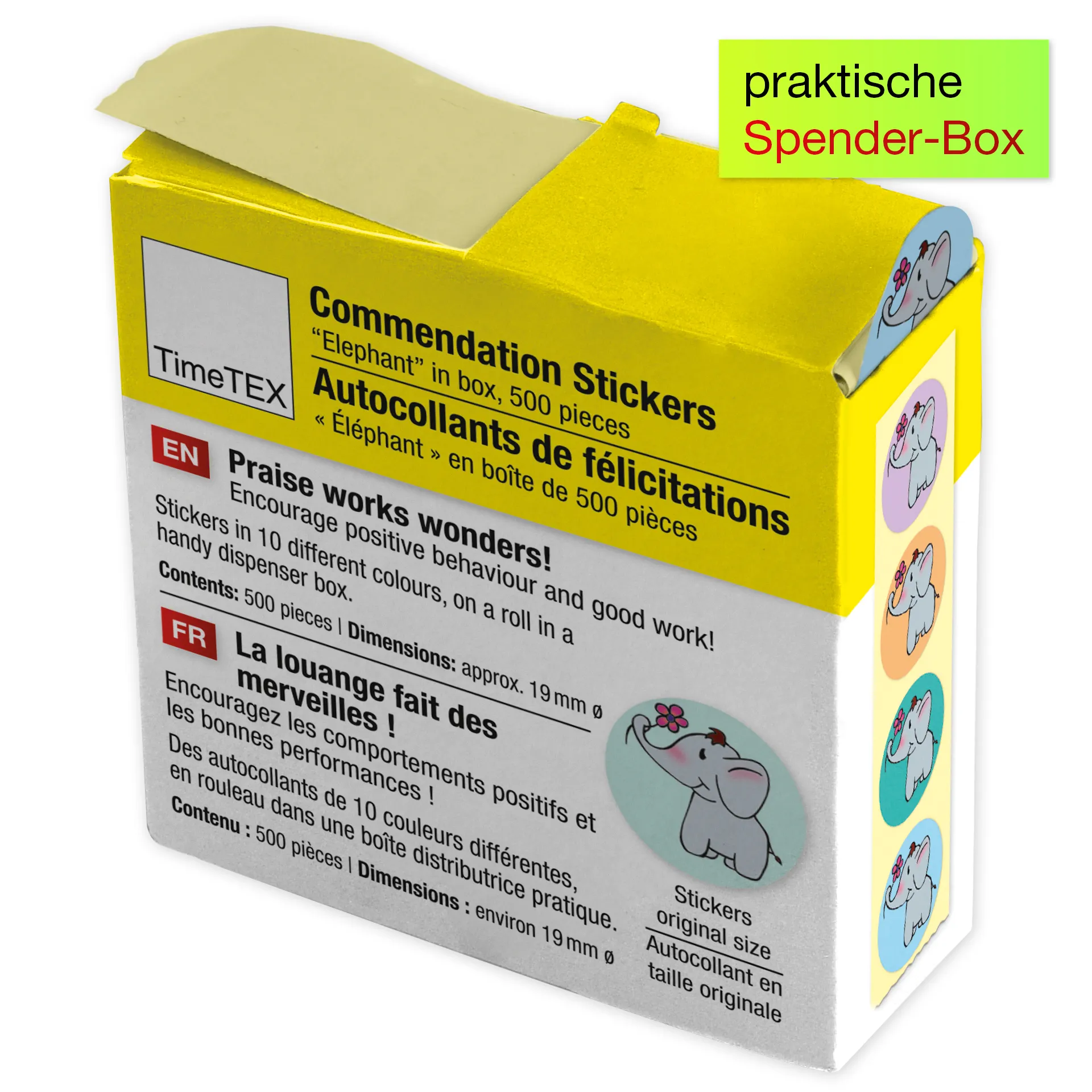 Belobigungs-Aufkleber "Elefant" in Spender-Box, 500 Stück