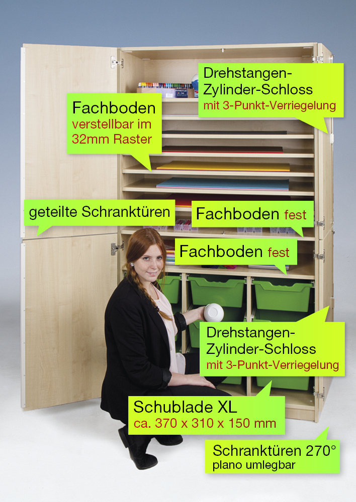 Material-Hochschrank L geteilt, Extratiefe, 9 Fachböden, 9 Schubladen XL