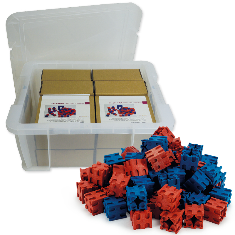 Set de 8 jeux de cubes de calcul RE-Wood® rouge/bleu, boîte de rangement Set de 8 jeux de cubes de calcul RE-Wood® rouge/bleu, boîte de rangement