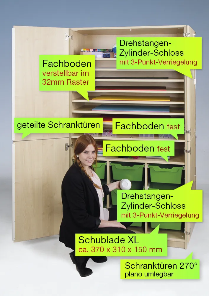 Material-Hochschrank L geteilt, Extratiefe, 9 Fachböden, 9 Schubladen XL