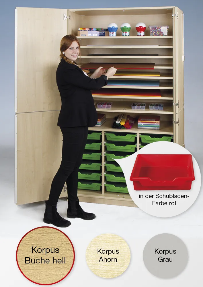 Material-Hochschrank L geteilt, Extratiefe, 9 Fachböden, 18 Schubladen L