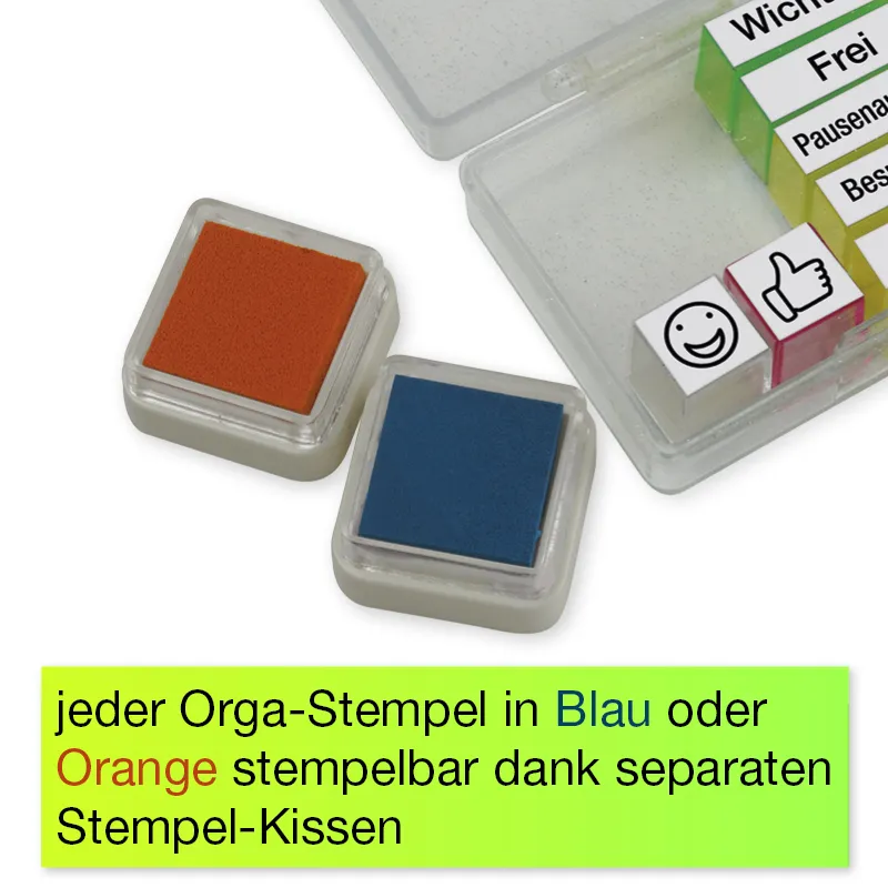 Organisationsstempel med blækpude, 9 styk, i æske