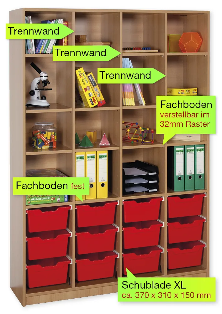 Material-Hochschrank-Regal XL, Basistiefe, 16 Fachböden, 12 Schubladen XL