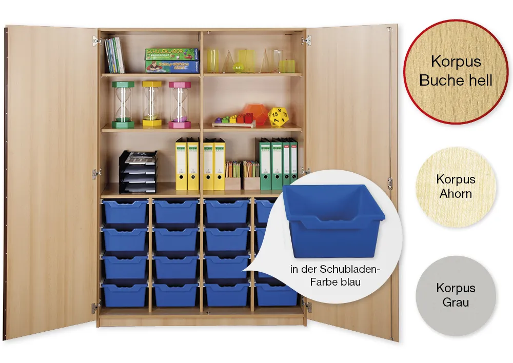 Material-Hochschrank XXL, Plustiefe, 6 Fachböden, 16 Schubladen XL