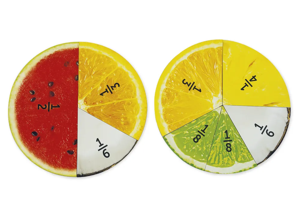 Demo-Bruchrechen-Kreise "Obst", 203 mm ø, magnetisch, 24-tlg.