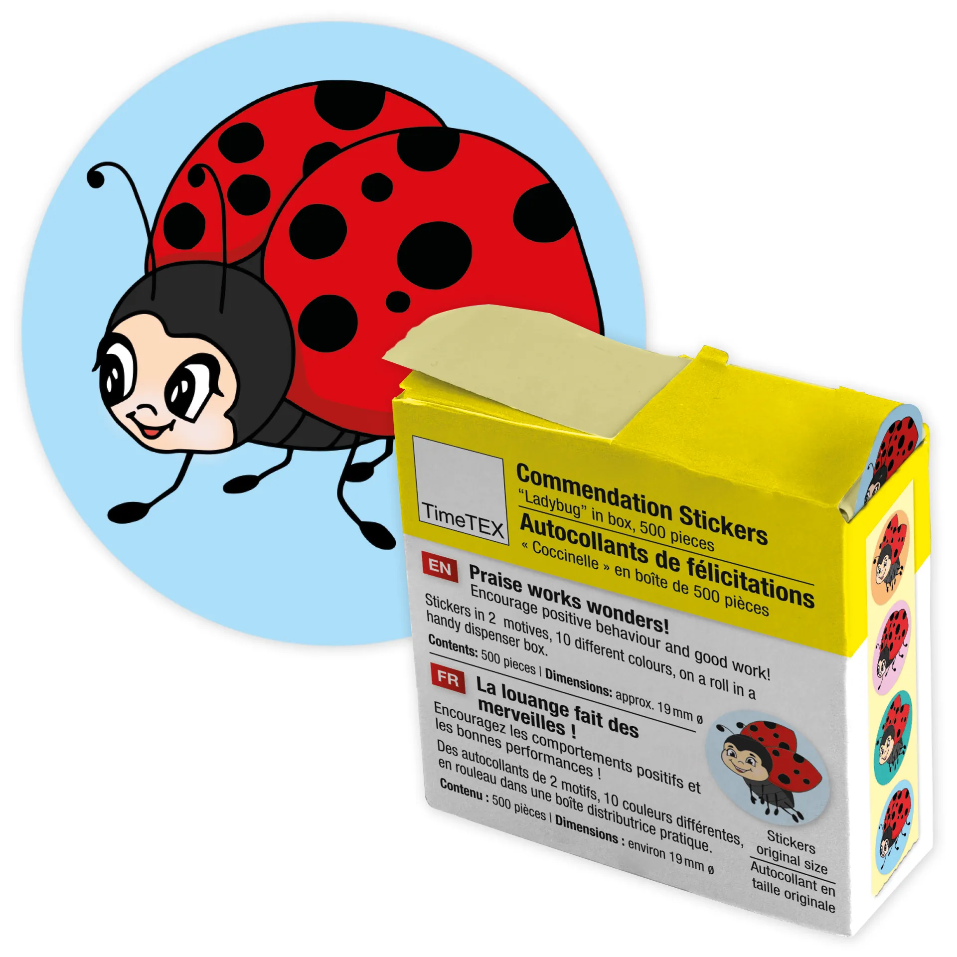 Belobigungs-Aufkleber "Marienkäfer" in Spender-Box, 500 Stück