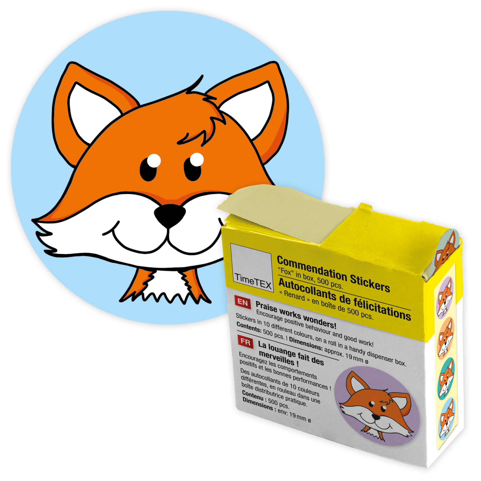 Belöningsklistermärker "Räv" i en dispenserlåda, 500 st