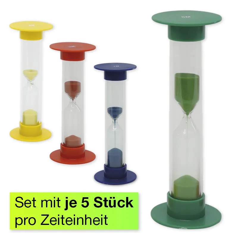 Sanduhren-Set 5-tlg., 10cm hoch, 2,5cm ø (1 Zeiteinheit)