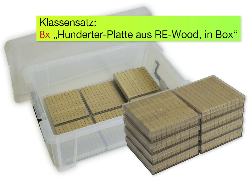 Klass set med hundra tallrik gjord av RE-Wood, 8 delar. i staplingslåda