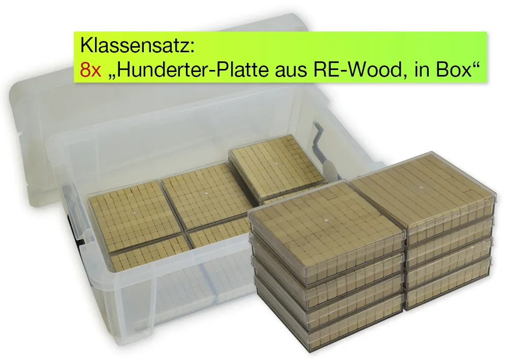 Klass set med hundra tallrik gjord av RE-Wood, 8 delar. i staplingslåda