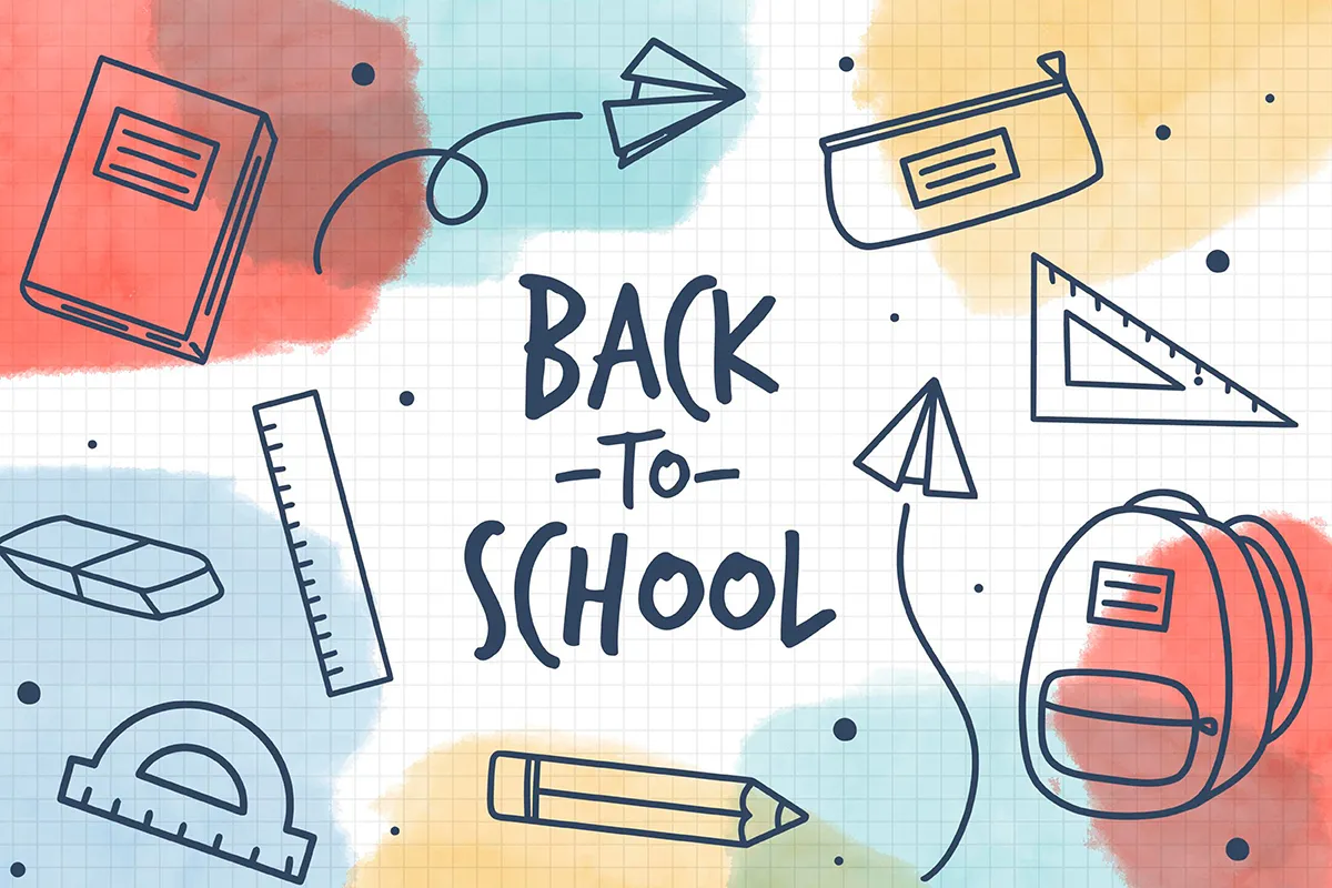 Farbenfrohes Grafikdesgin mit der Aufschrift "Back to School" und handgezeichneten Schulutensilien wie Buch, Rucksack, Lineal, Bleistift und Federmäppchen