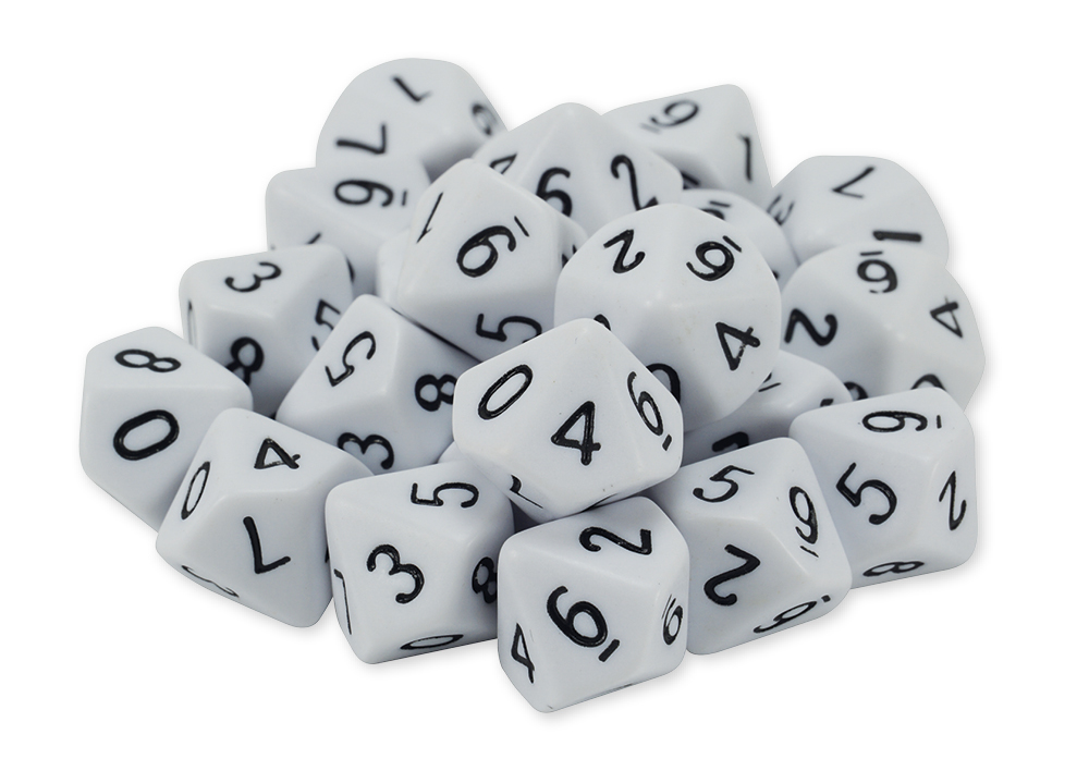 Set Zehnseitige Würfel in Dose, 0-9, weiß, 100 Stück