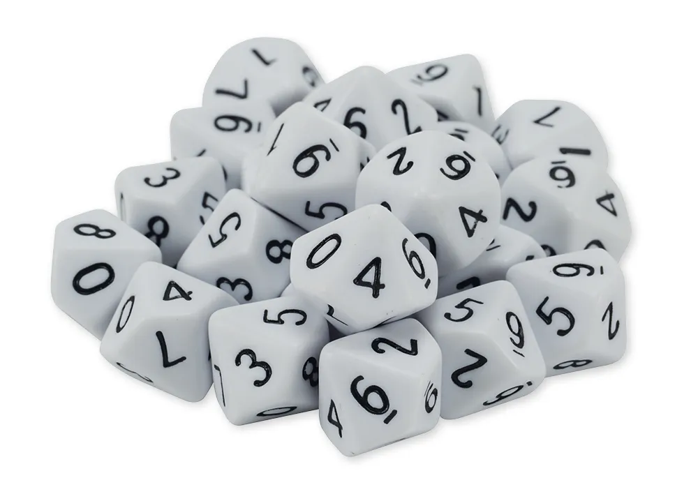 Set med tiosidiga tärningar i burk, 0-9, vit, 100 stycken