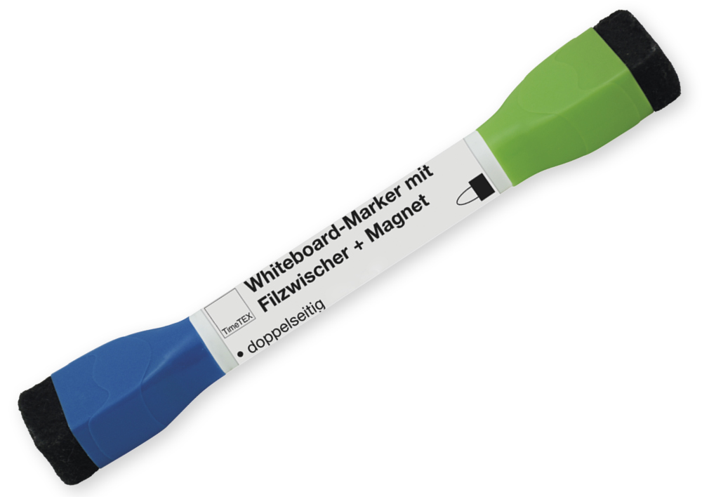 Marker cu vârf dublu pentru tablă albă, cu burete în capac + magnet Marker cu vârf dublu pentru tablă albă, cu burete în capac + magnet