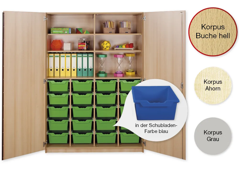 Material-Hochschrank XXL, Plustiefe, 6 Fachböden, 20 Schubladen XL