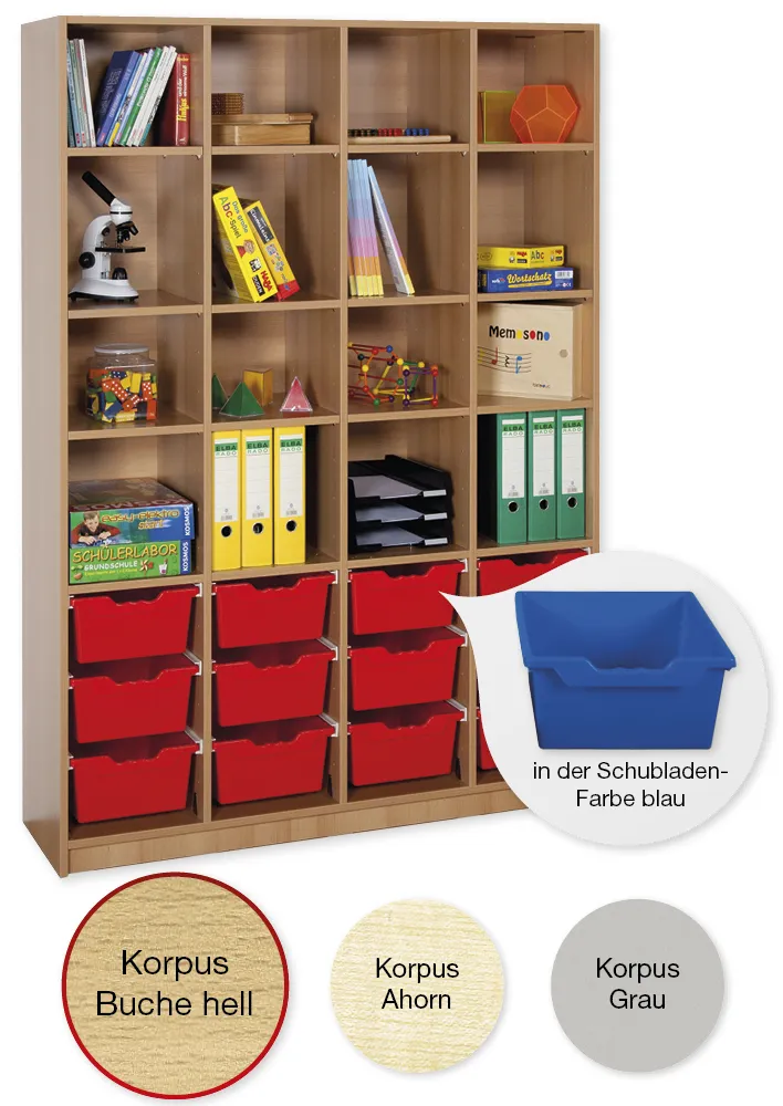 Material-Hochschrank-Regal XL, Basistiefe, 16 Fachböden, 12 Schubladen XL