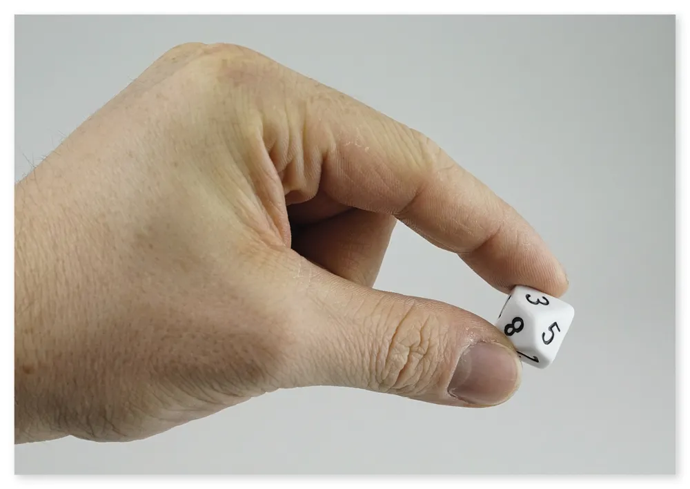 Set Zehnseitige Würfel in Dose, 0-9, weiß, 100 Stück