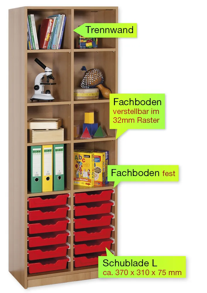 Material-Hochschrank-Regal S, Basistiefe, 8 Fachböden, 12 Schubladen L