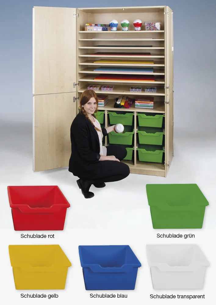 Material-Hochschrank L geteilt, Extratiefe, 9 Fachböden, 9 Schubladen XL