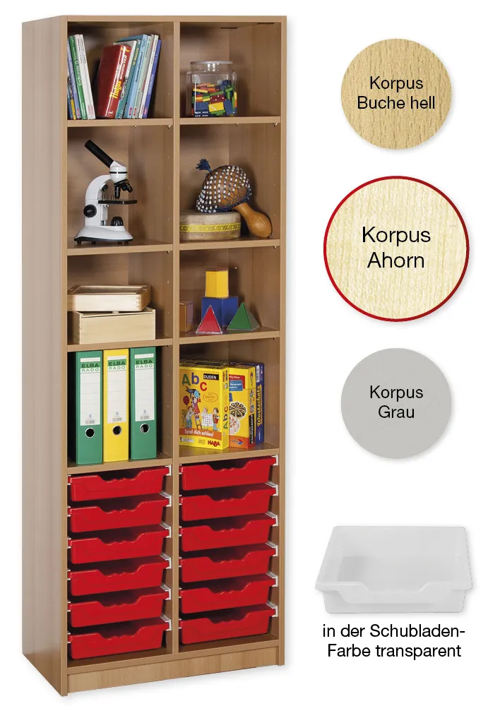 Material-Hochschrank-Regal S, Basistiefe, 8 Fachböden, 12 Schubladen L