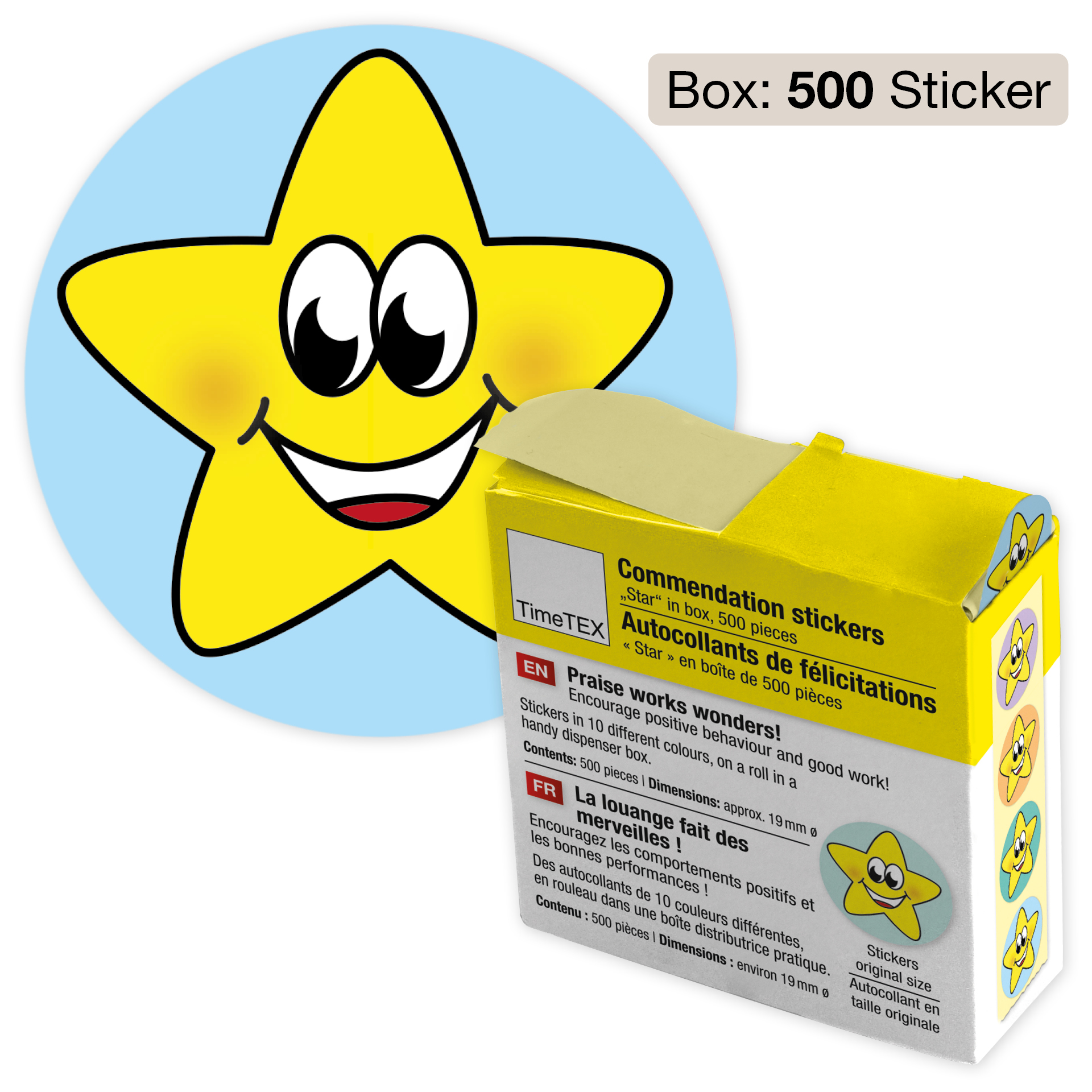 Belöningsklistermärker "Stjärnfärgade" i en dispenserlåda, 500 st