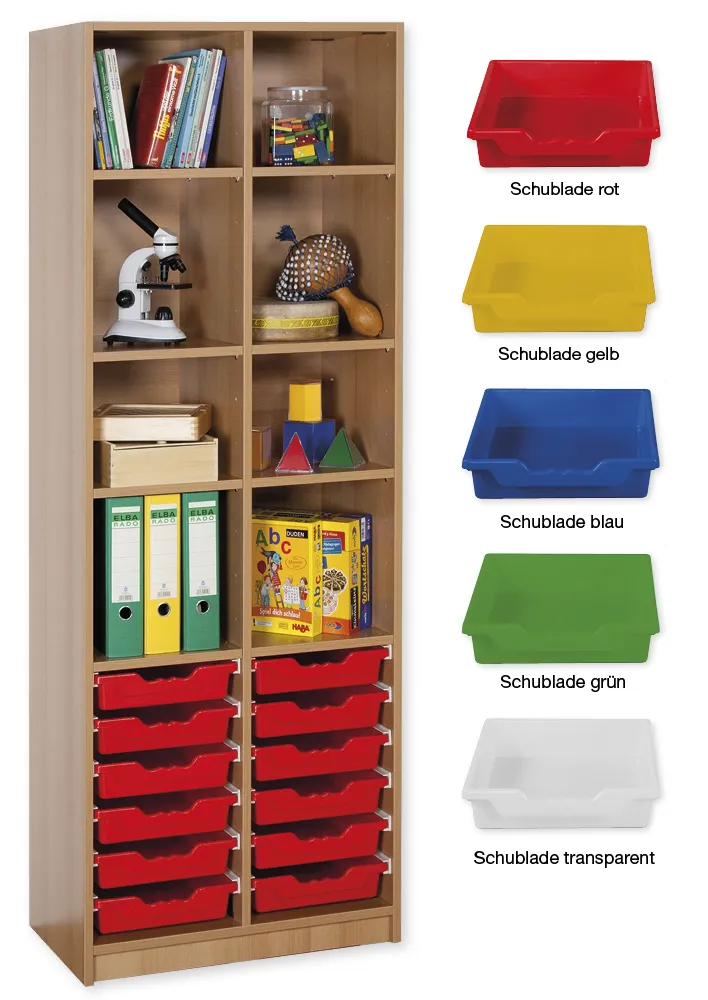 Material-Hochschrank-Regal S, Basistiefe, 8 Fachböden, 12 Schubladen L