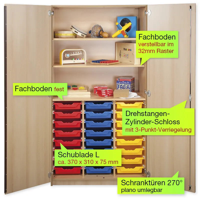 Material-Hochschrank L, Plustiefe, 3 Fachböden, 24 Schubladen L
