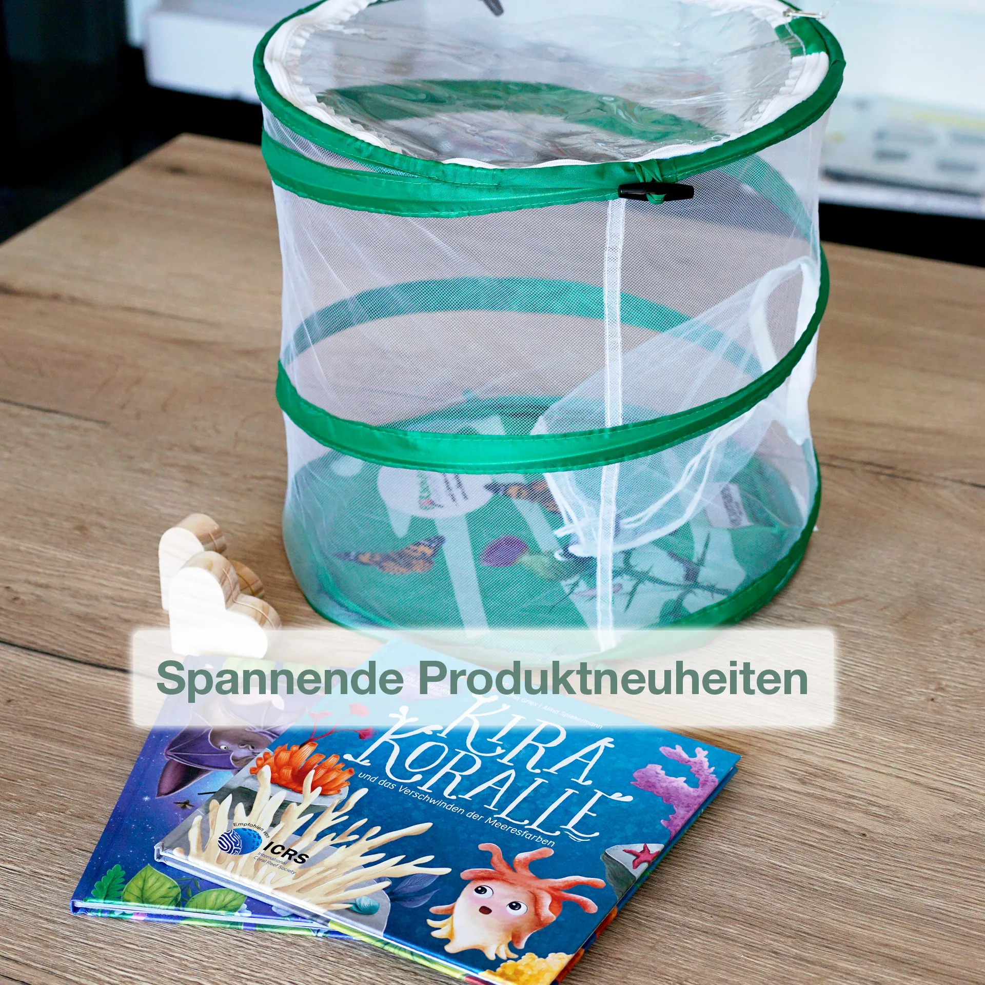 Aufzucht-Voliere für Schmetterling und liebevolles Lernbilder-Buch Kira Koralle