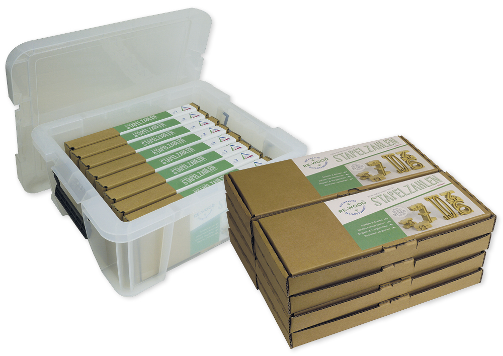 Klassensatz Stapel-Zahlen naturfarben, 8-tlg., in Stapel-Box