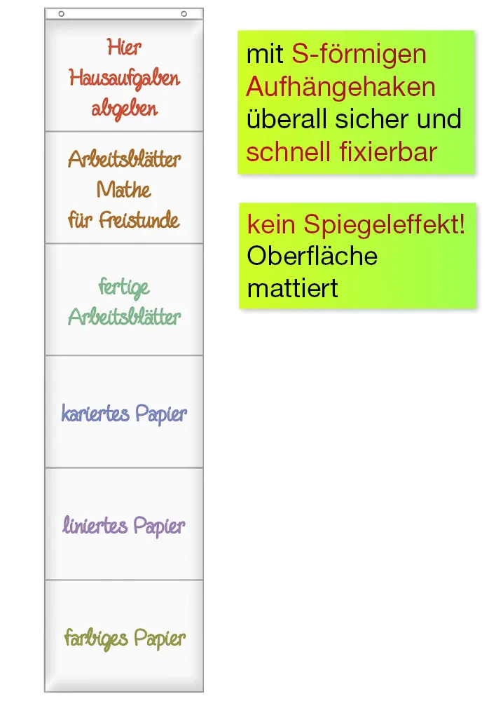 Hänge-Orga-Taschen A4, 6 Einstecktaschen Querformat, mit Haken