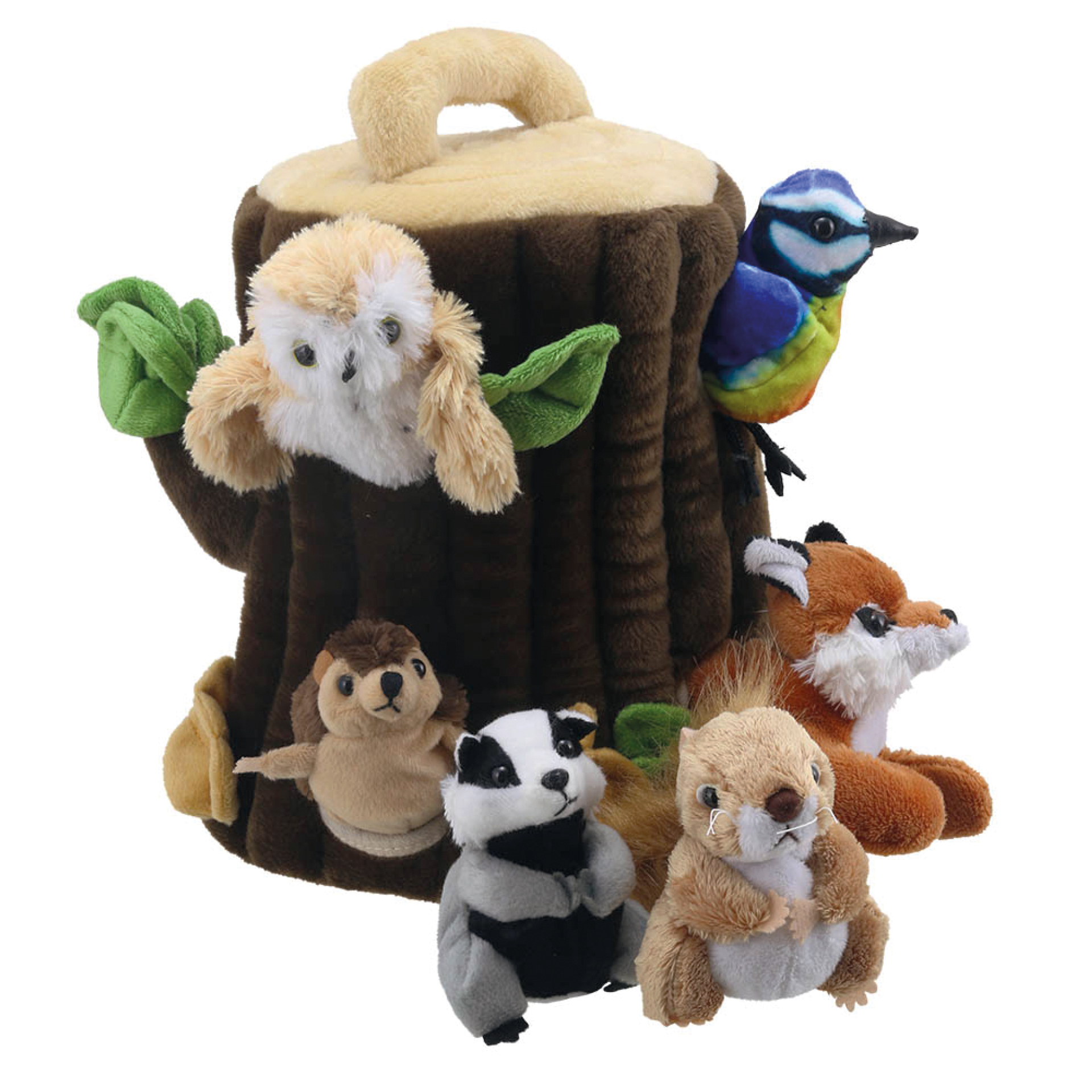 Timmerhus med fingerdockor, 7 st.