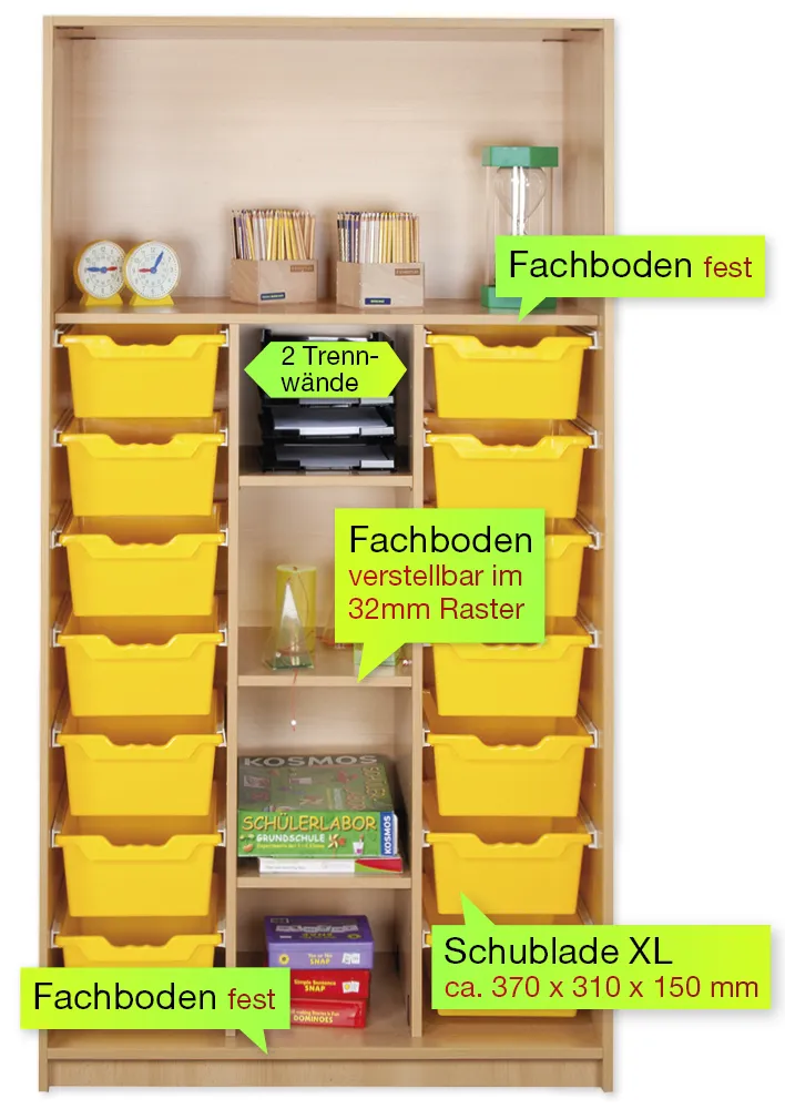Material-Hochschrank-Regal L, Basistiefe, 5 Fachböden, 14 Schubladen XL