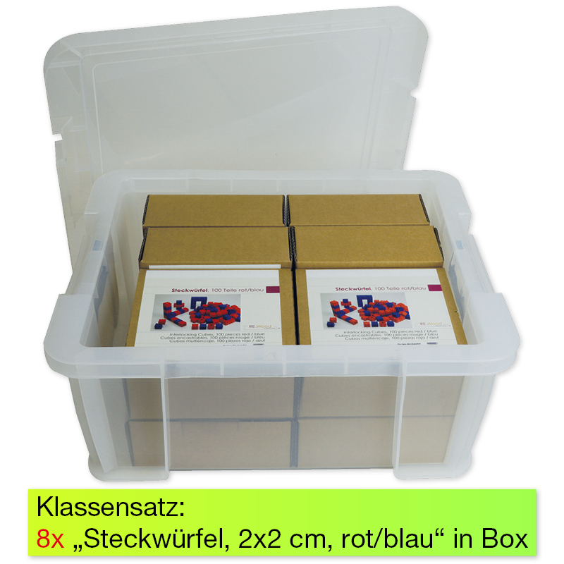 Klassesæt regneterninger 2x2 cm, rød/blå, 8 stk., i stabelboks