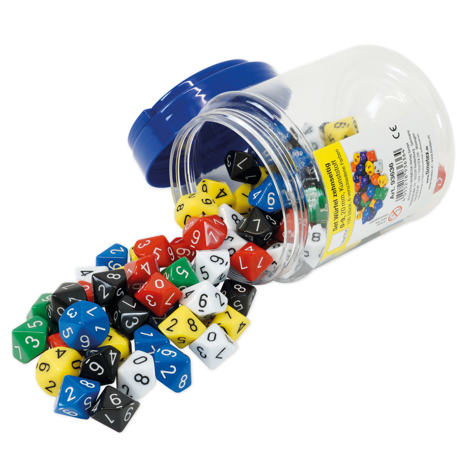 Set de zaruri cu zece fețe, 0-9 (unități), 100 de bucăți, în borcan