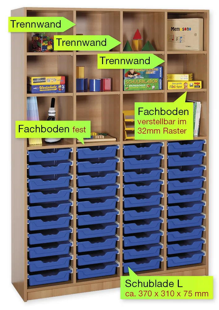 Material-Hochschrank-Regal XL, Basistiefe, 12 Fachböden, 40 Schubladen L